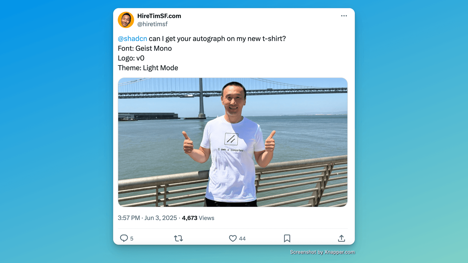 Tweet asking shadcn for an autograph