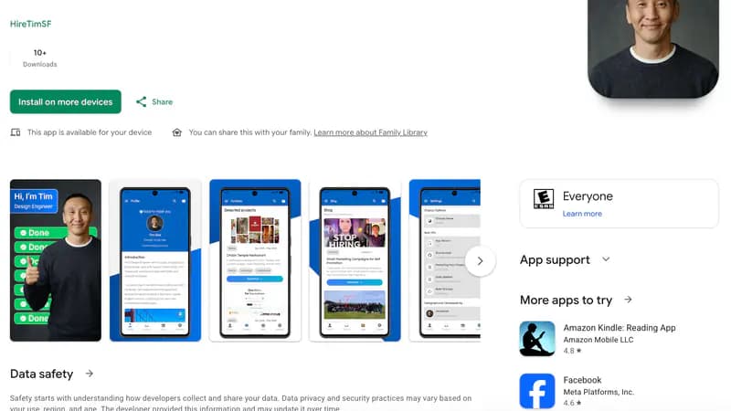 HireTimSF portfolio Android app listing on Google Play