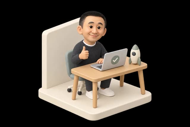Miniature Tim celebrating a website launch beside a laptop and small rocket